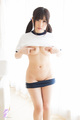 Ayame standing in uniform top raised fingering her nipples shorts lowered exposing shaved pussy