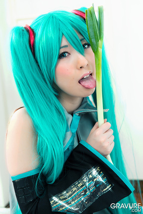 Miku Oguri in cosplay outfit flashing panties and shaved pussy