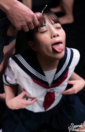 Kogal Komatsu Aya in uniform receiving bukkake facials