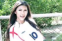 Beauty Chelsea strips football shirt and spreads her legs