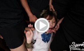 Kogal Tsukino Nagi in uniform receiving bukkake facials glazed with cum